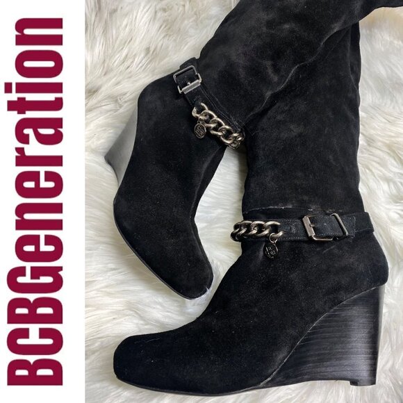 BCBGeneration Merryl Black Genuine Suede Tall Wedge Chain Link Boots, Size 9 - Picture 3 of 12